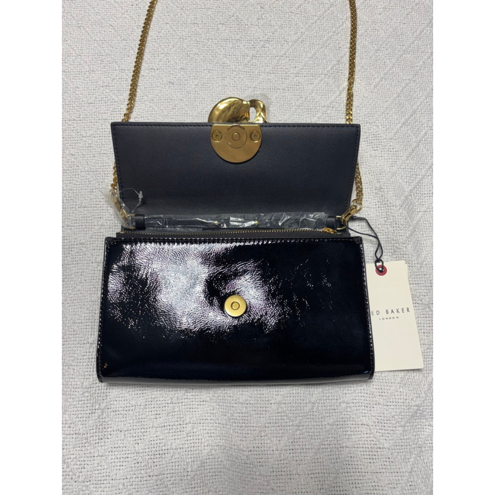 NWT Ted Baker Black Patent Leather Kira Rose Clutch & Crossbody Gold Rose Accent - Picture 7 of 11